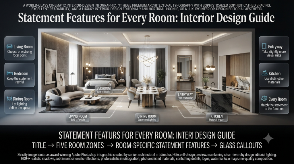 Luxury home interiors showing statement features for living rooms, bedrooms, dining rooms, entryways, and kitchens.