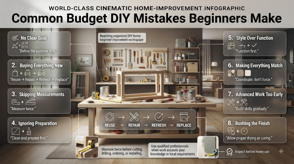 Common budget DIY mistakes infographic covering planning, buying, measuring, preparation, function, style, safety, and finishing.