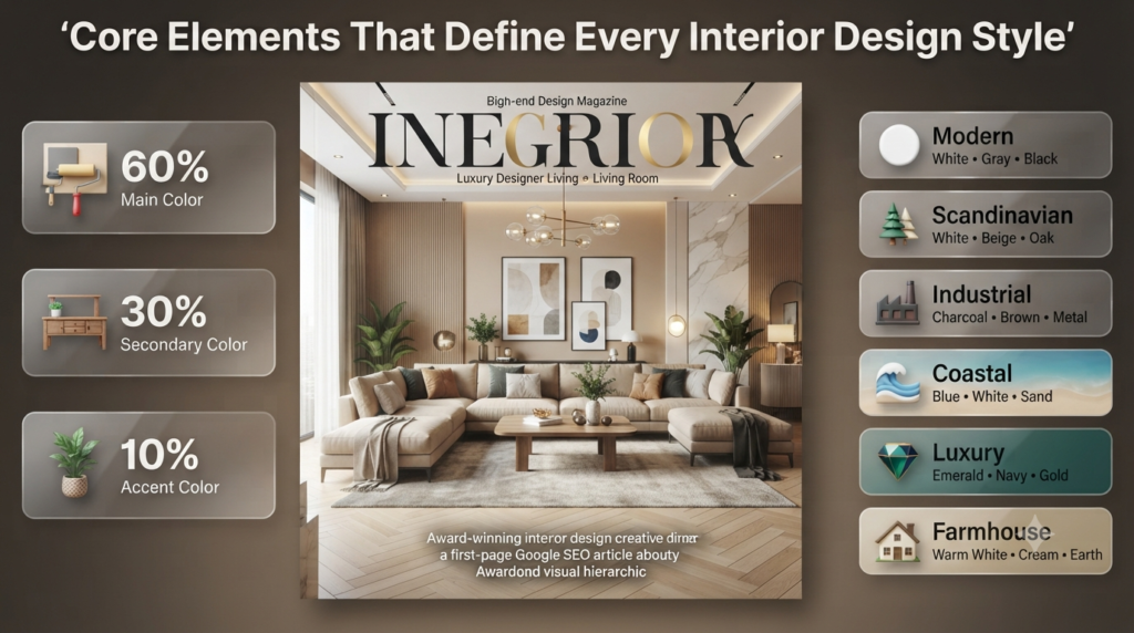 Core interior design elements featuring color palettes, the 60-30-10 color rule, modern styling, and balanced home décor inspiration.