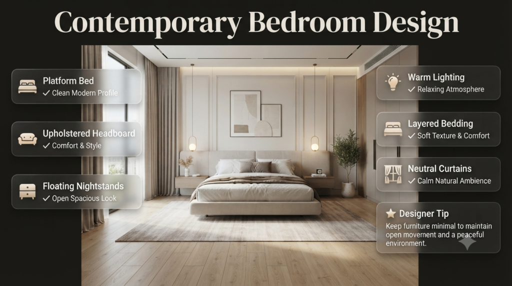 Contemporary bedroom featuring a platform bed, upholstered headboard, floating nightstands, layered bedding, warm lighting, and neutral curtains for a peaceful atmosphere.