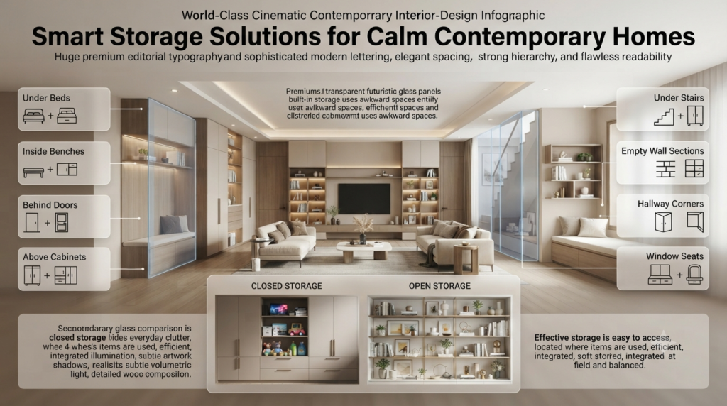 Contemporary home storage infographic showing built-in storage, hidden clutter, under-bed space, closed cabinets, open shelving, and unused areas.