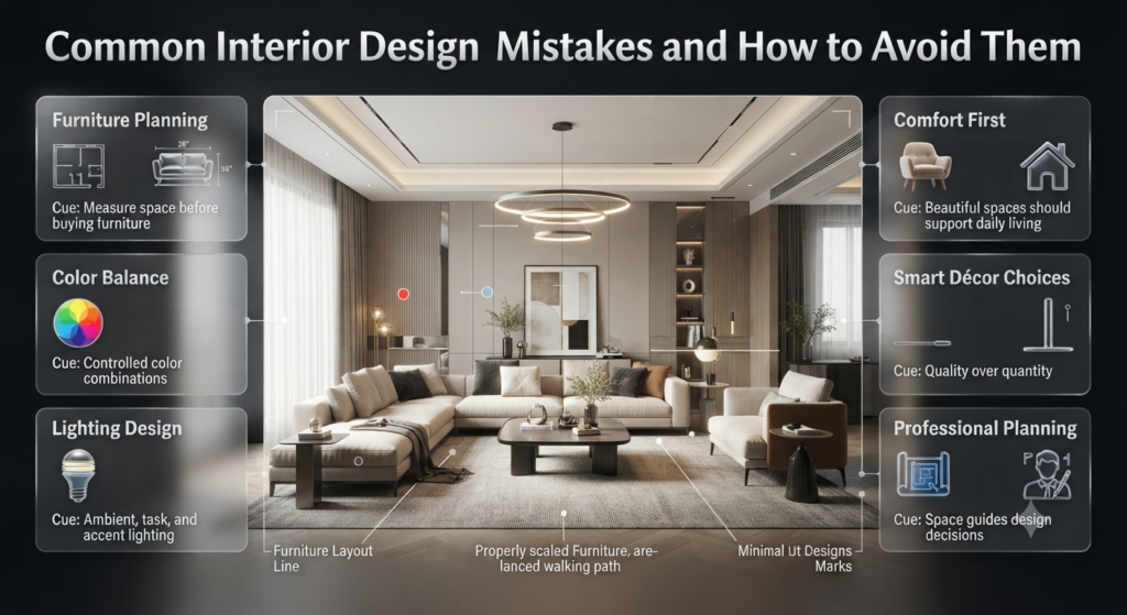 Interior design mistakes guide showing furniture planning, color balance, lighting, comfort, and décor solutions for better homes
