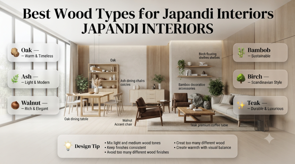 Infographic featuring the best wood types for Japandi interiors, including oak, ash, walnut, bamboo, birch, and teak for minimalist home design.