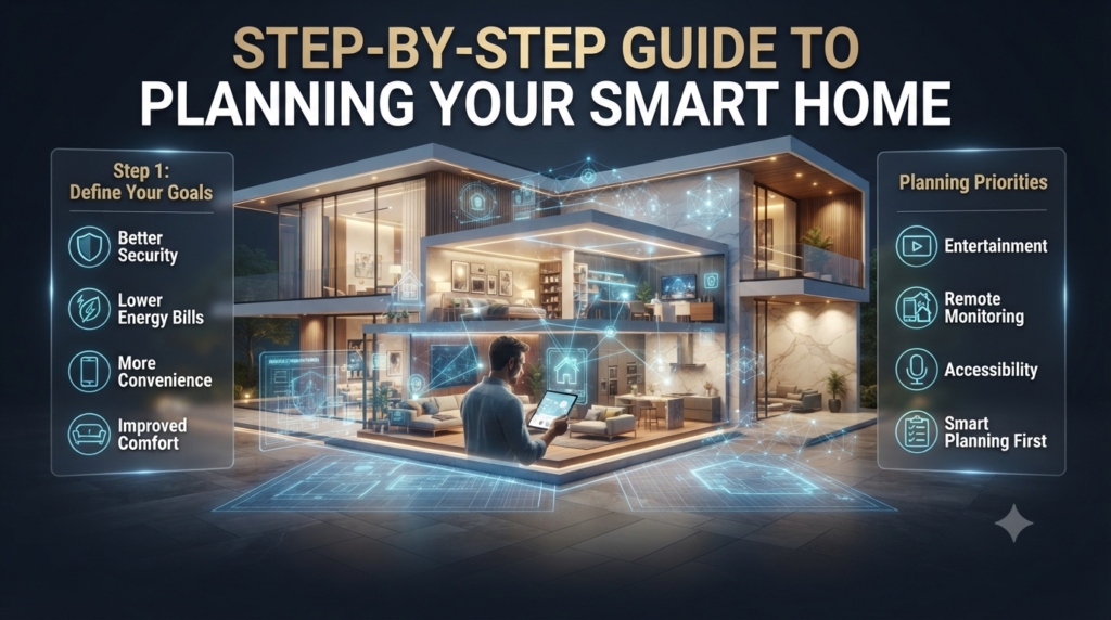 Infographic showing the first step of smart home planning, focusing on defining goals like security, energy savings, comfort, convenience, and automation.