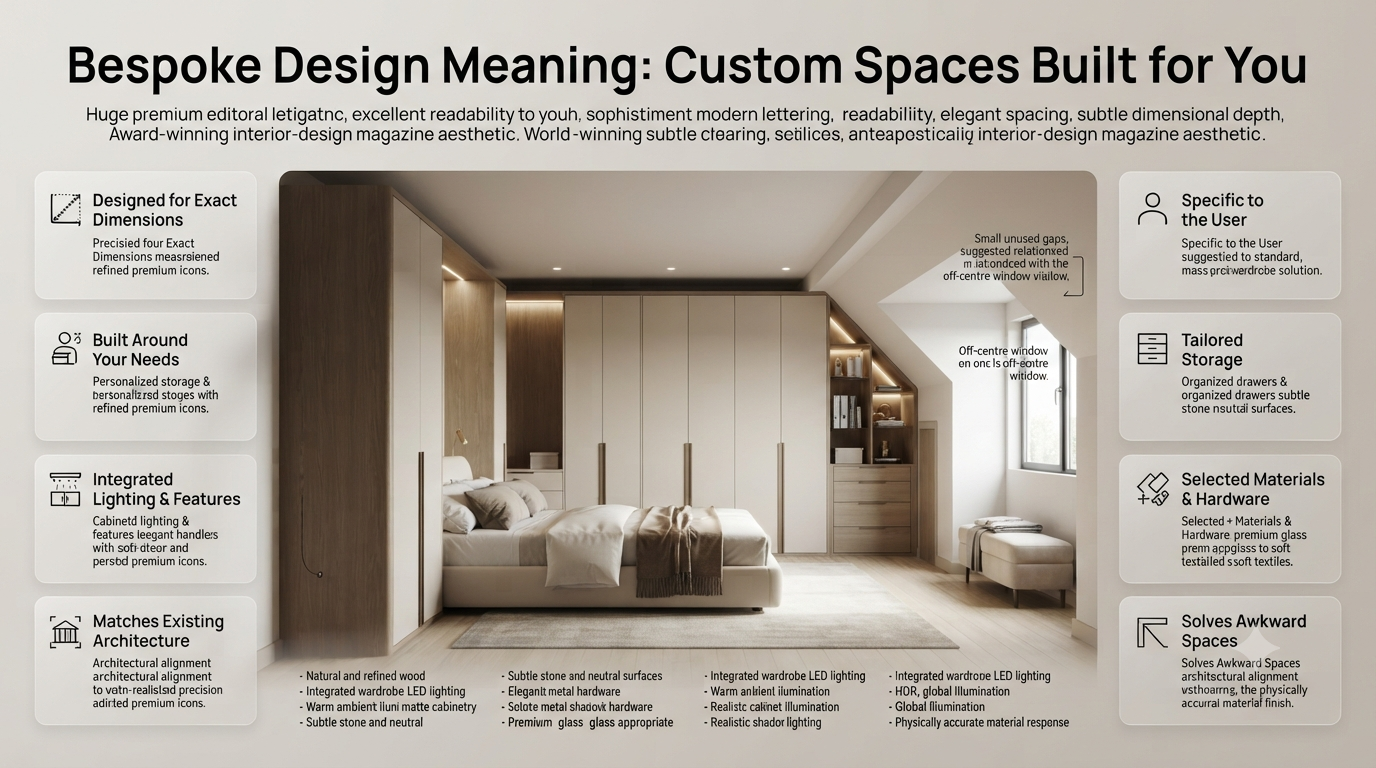 Bespoke design meaning illustrated through custom bedroom cabinetry, integrated storage, lighting, materials, and tailored architectural details. Bespoke Design Meaning: Custom Spaces Built for You