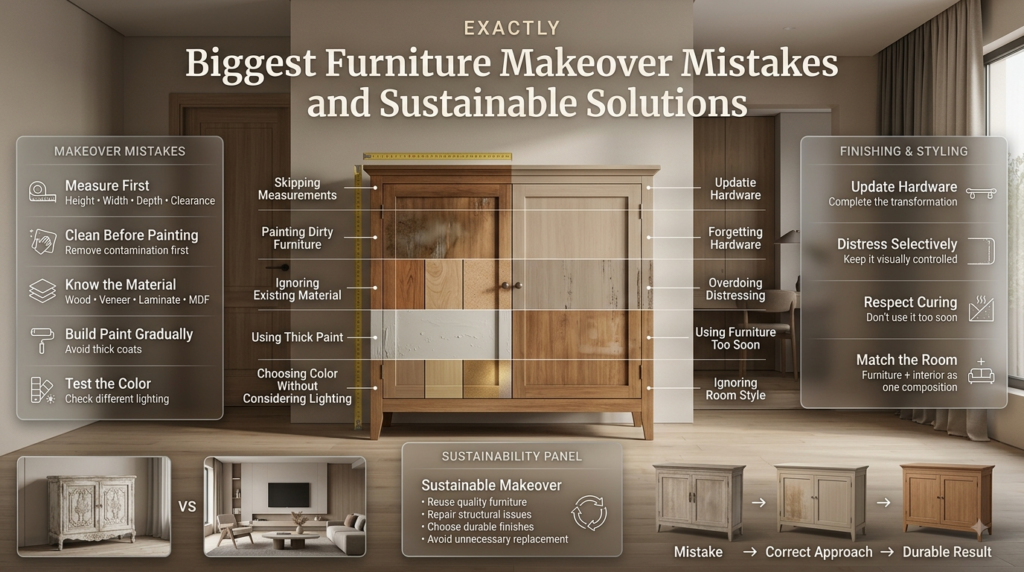 Furniture makeover mistakes including poor measurements, dirty surfaces, thick paint, wrong colors, old hardware, overdistressing, and rushed curing.