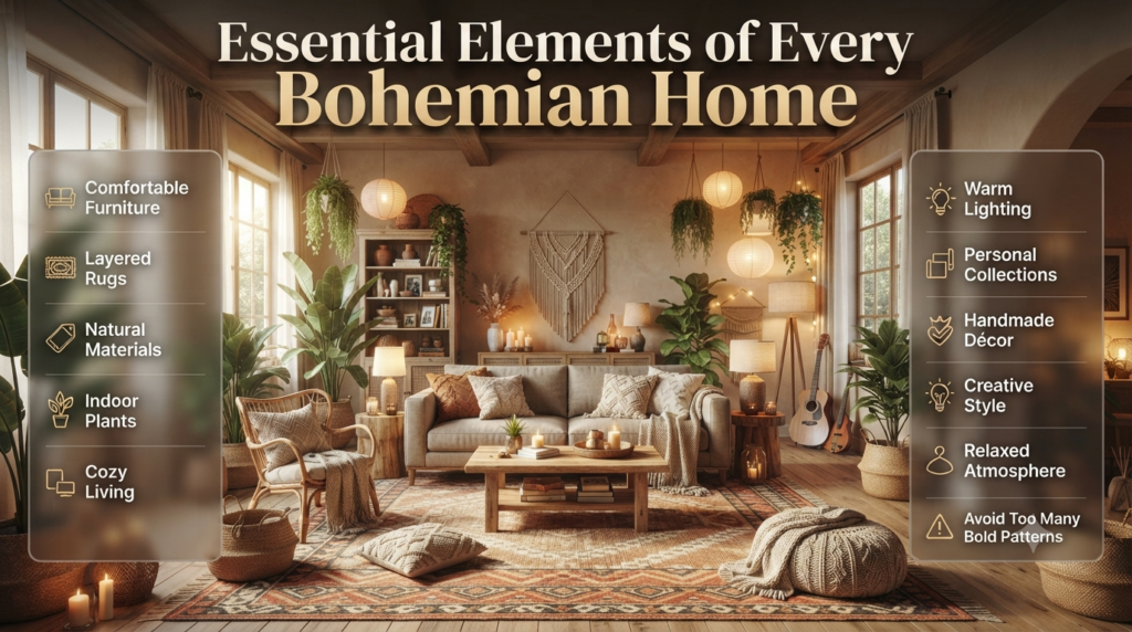 A stylish bohemian living room featuring cozy furniture, layered rugs, warm lighting, indoor plants, natural materials, and meaningful decorative accessories.
