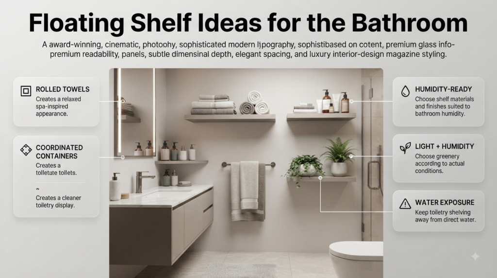 Floating bathroom shelves displaying rolled towels, coordinated toiletries, and moisture-tolerant greenery in a modern bathroom.