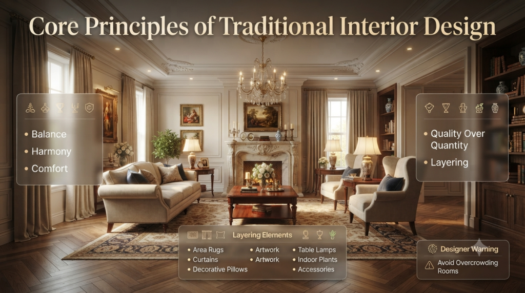 An elegant traditional living room highlighting balance, harmony, comfort, layered décor, premium furniture, and timeless architectural details.