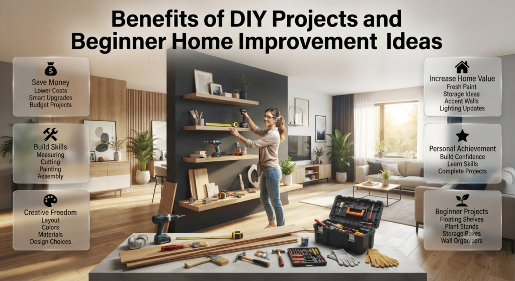 DIY project benefits including cost savings, creative freedom, home improvement skills, value upgrades, and beginner-friendly renovation ideas.