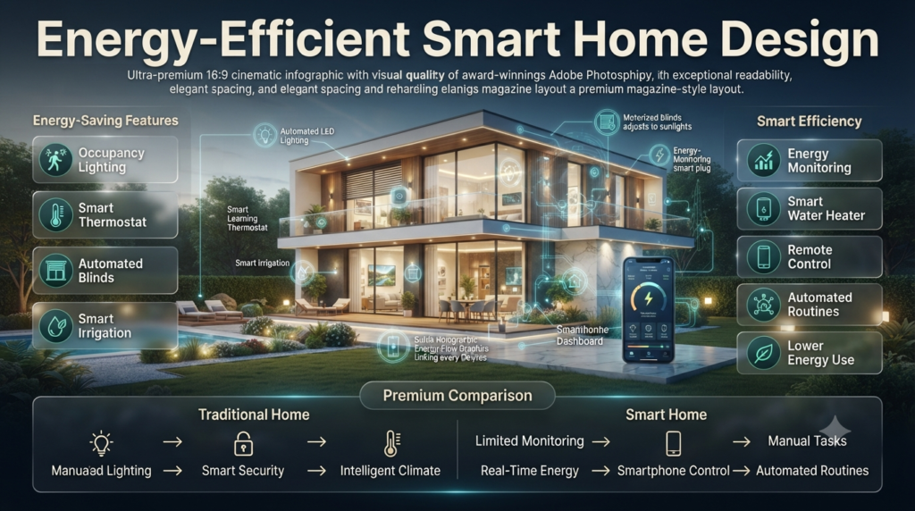 Luxury smart home infographic highlighting energy-efficient automation, smart lighting, thermostats, blinds, energy monitoring, and connected home technology.