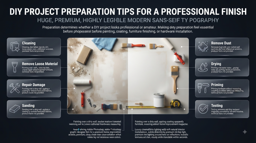 DIY preparation infographic showing cleaning, sanding, repairing, drying, priming, and testing before painting or finishing surfaces.