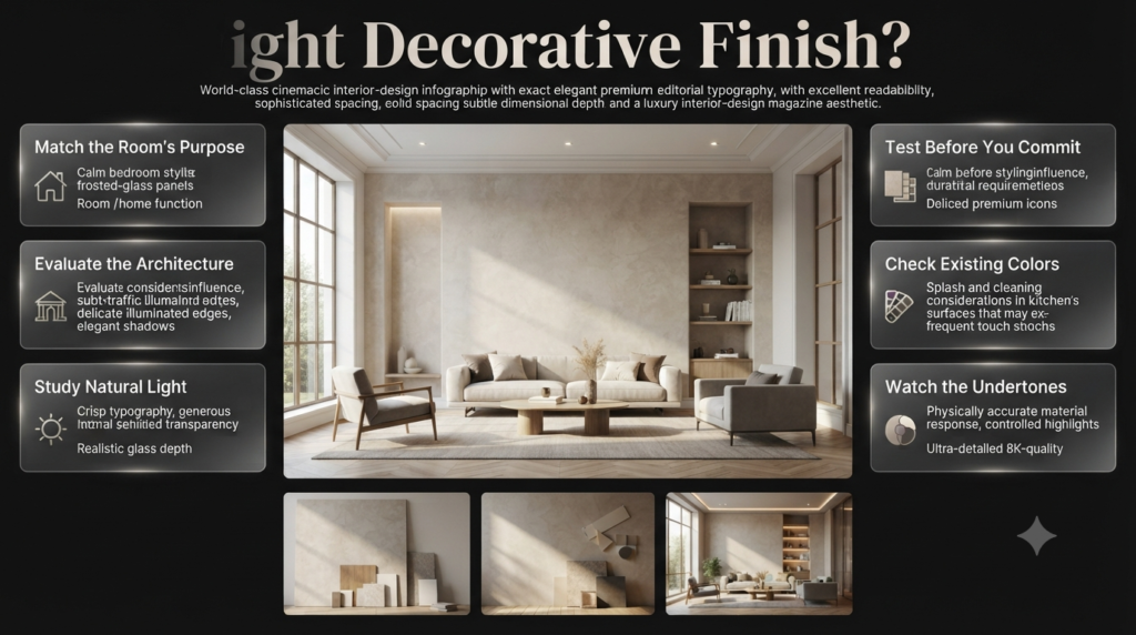 Professional guide showing how to choose decorative finishes based on room purpose, architecture, natural light, and existing colors.