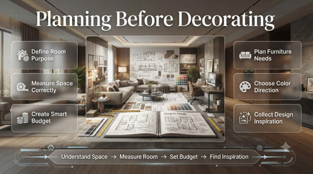 Planning before decorating guide showing room measurements, budget planning, furniture choices, and interior design preparation steps