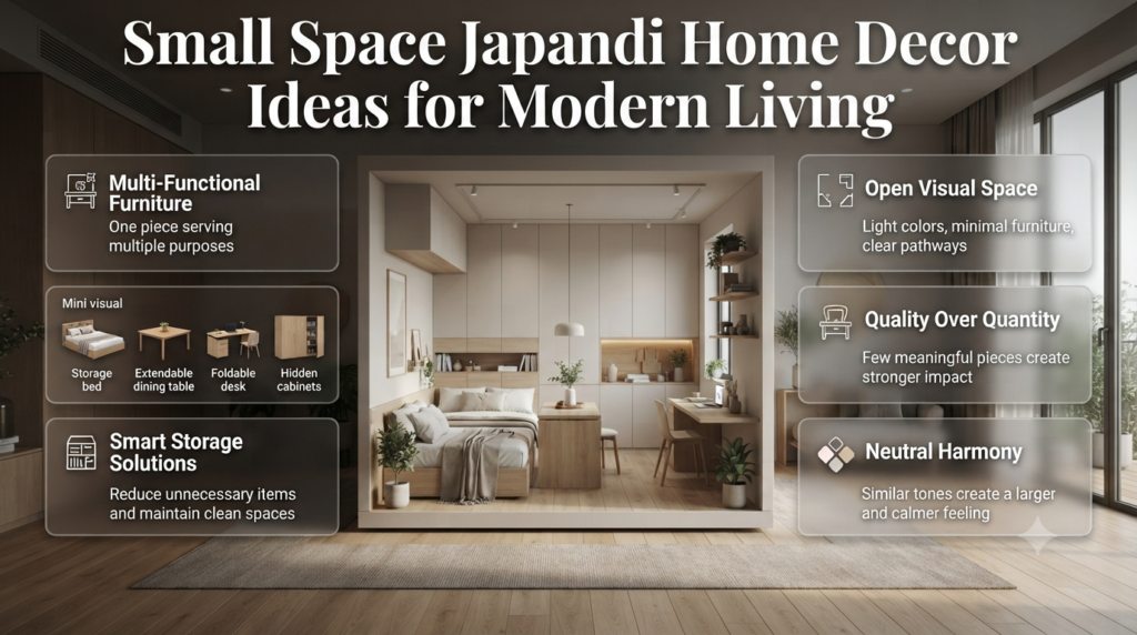 Small Space Japandi Home Decor Ideas featuring smart storage, multifunctional furniture, neutral colors, and minimalist layouts