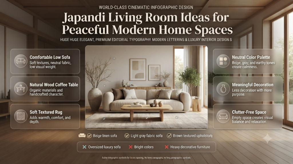Japandi living room ideas featuring neutral colors, natural furniture, textured rugs, plants, and minimalist peaceful home styling