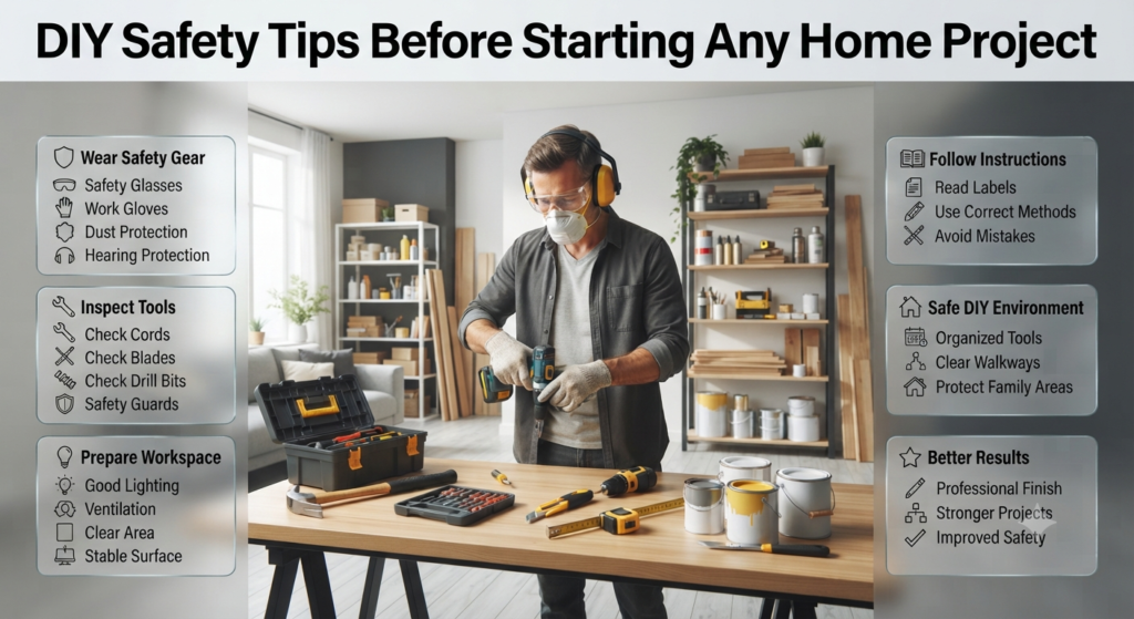 DIY safety guide showing protective gear, inspected tools, clean workspace, ventilation, and safe practices for home improvement projects.