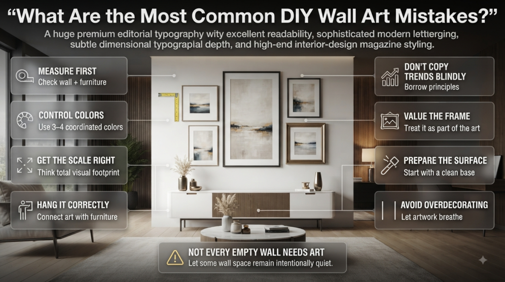 Common DIY wall art mistakes including poor sizing, too many colors, high placement, weak frames, poor preparation, and overdecorating