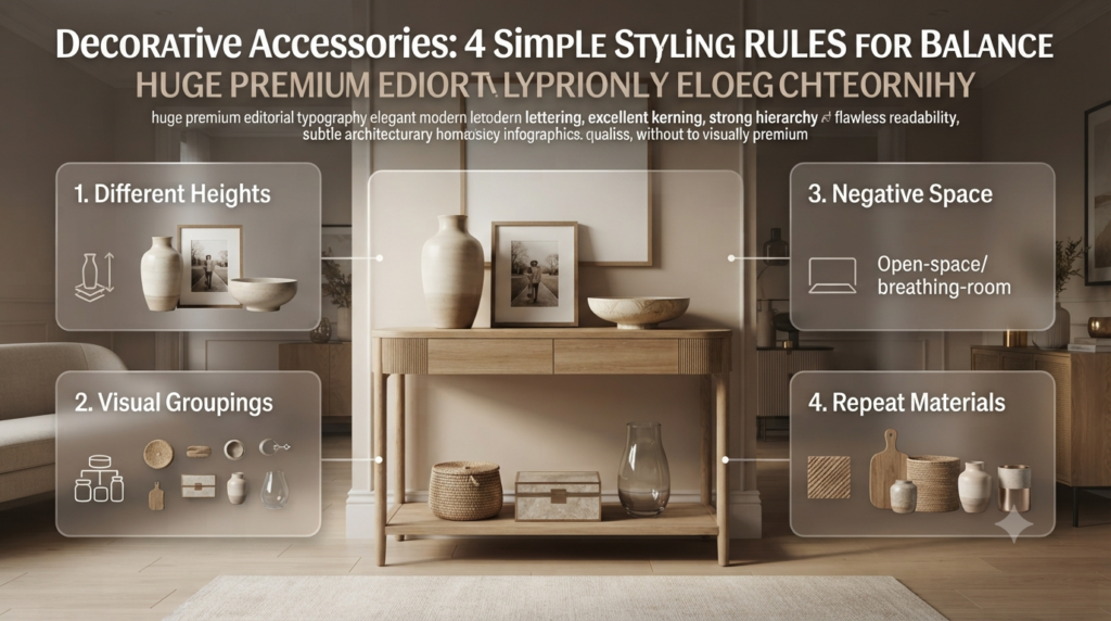 Interior styling infographic showing four accessory placement rules: varied heights, visual groupings, negative space, and repeated materials.