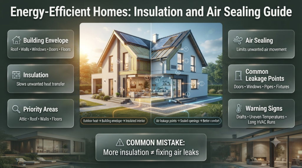 Energy-efficient home showing insulated walls, roof, sealed windows, and reduced air leakage for better indoor comfort.