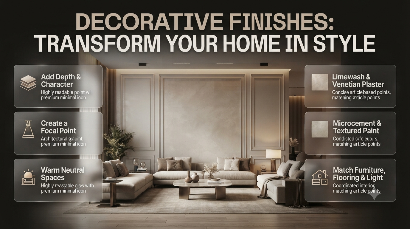 Luxury interior showcasing decorative finishes with textured walls, Venetian plaster, warm lighting, and elegant modern décor. Decorative Finishes: Transform Your Home in Style