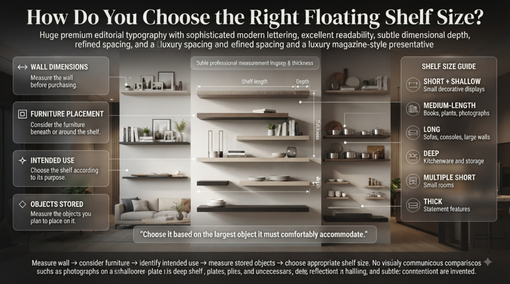 Floating shelf size guide comparing short, medium, long, deep, thick, and multiple shelves for different storage and display needs.