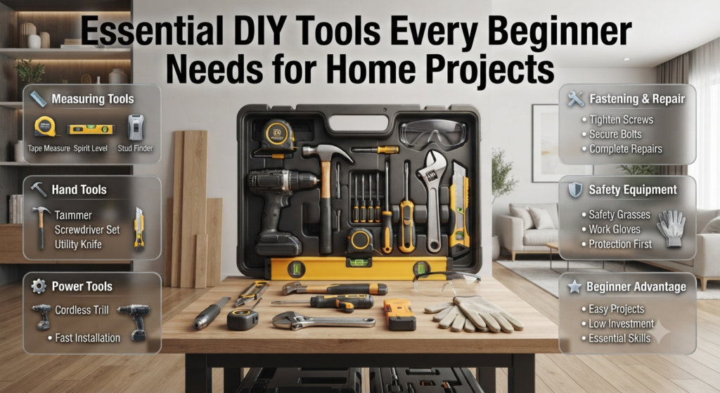 Beginner DIY toolkit featuring essential home improvement tools including drill, hammer, screwdriver, measuring tape, and safety equipment.