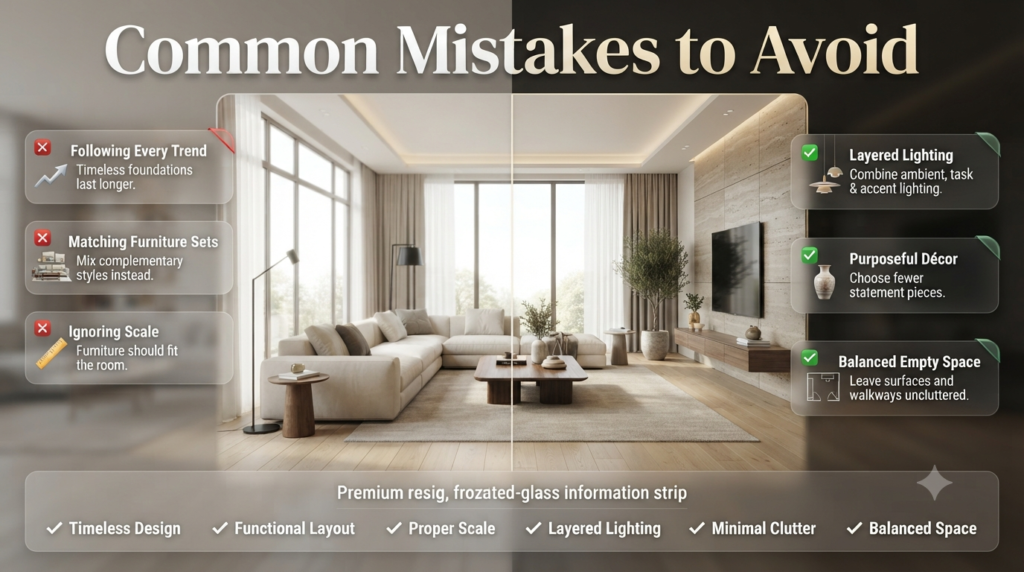 Luxury contemporary living room infographic highlighting common interior design mistakes such as poor lighting, overcrowded décor, oversized furniture, and trend overload.