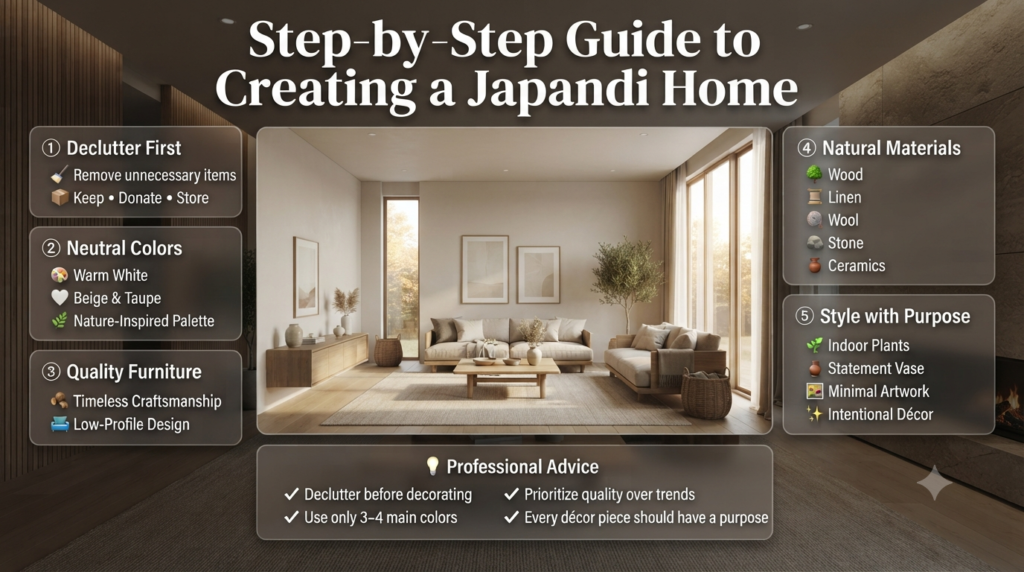 Infographic showing a step-by-step guide to creating a Japandi home, from decluttering and neutral colors to natural materials and purposeful styling.