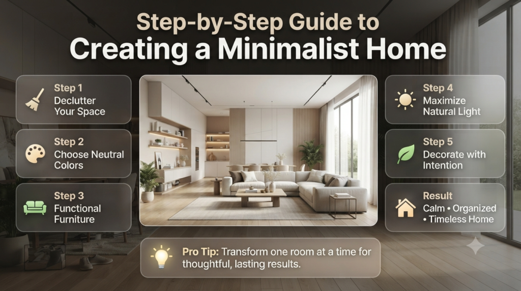 Minimalist home design infographic showing decluttering, neutral color palettes, functional furniture, natural lighting, and intentional décor in a modern interior.