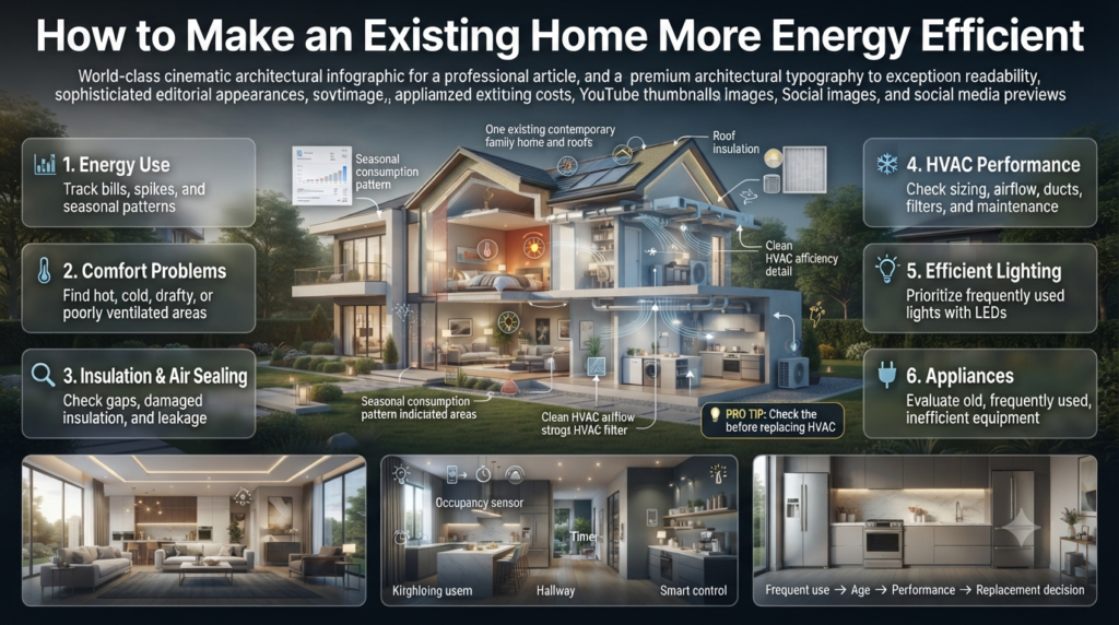 Existing home energy efficiency guide showing energy monitoring, insulation, HVAC, LED lighting, and appliance improvement steps.