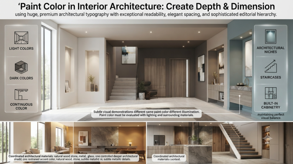 Paint color in interior architecture showing light and dark tones, accent walls, ceilings, niches, and architectural features