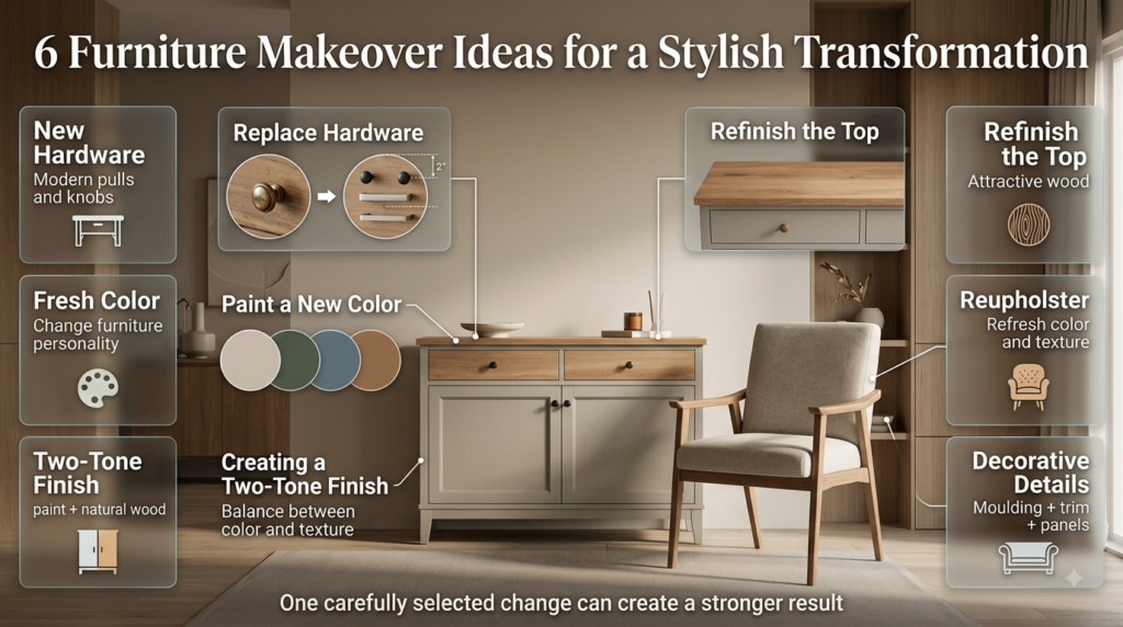 Furniture makeover ideas featuring new hardware, fresh paint, two-tone finishes, refinished tops, reupholstery, and decorative details.