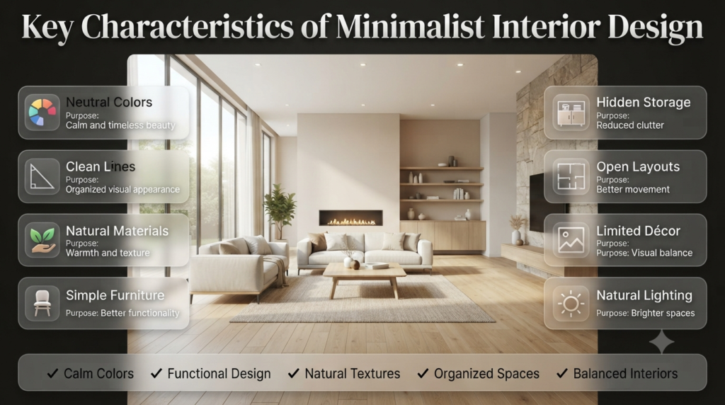 Minimalist interior design infographic showing neutral colors, clean lines, natural materials, simple furniture, hidden storage, open layouts, and natural lighting.