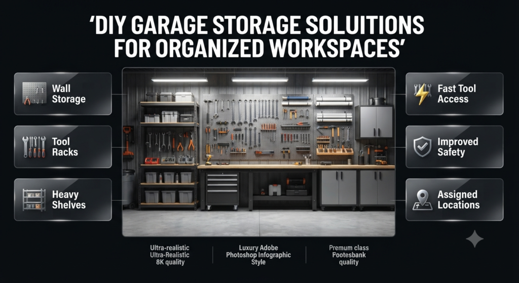 DIY garage storage solutions featuring pegboards, tool racks, wall storage, shelves, hooks, and smart tool organization ideas.