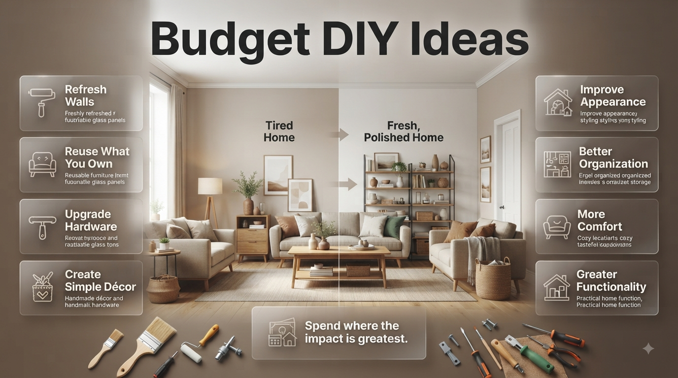 Budget DIY ideas for refreshing tired walls, furniture, entryways, and living rooms with affordable home improvement projects.Budget DIY Ideas for an Affordable Home Refresh
