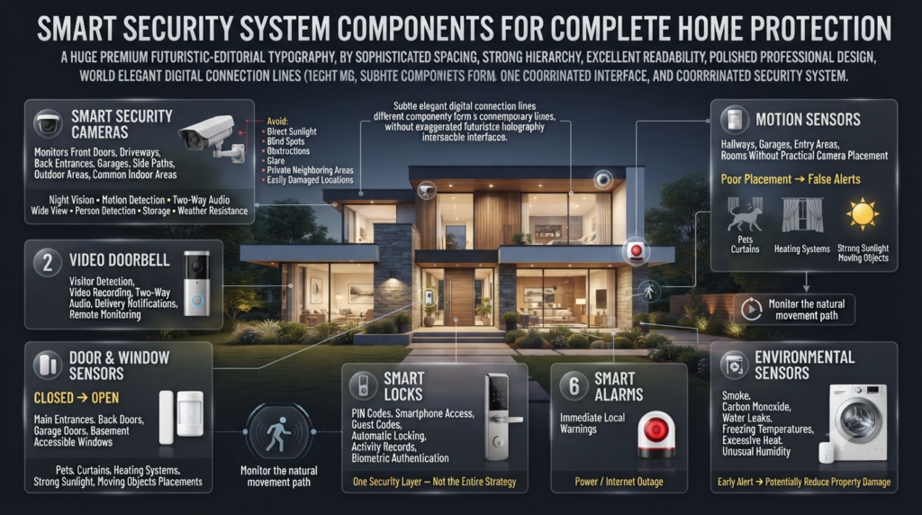 Smart security system infographic showing cameras, video doorbells, sensors, motion detectors, smart locks, alarms, and environmental sensors.