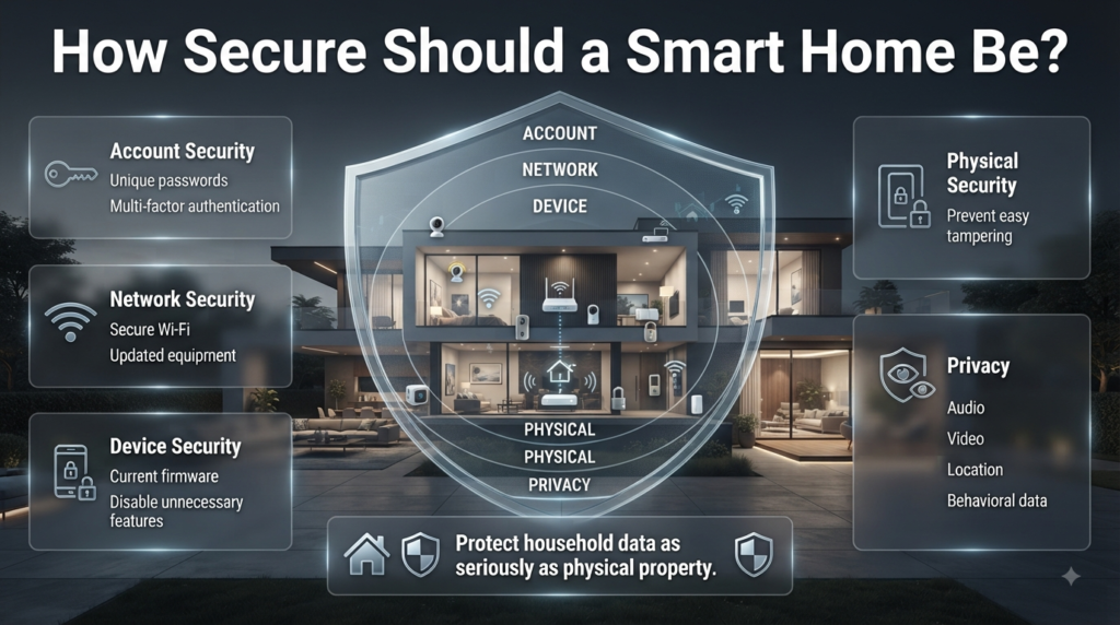 Smart home security infographic covering account, network, device, physical security, privacy, and protection of household data.