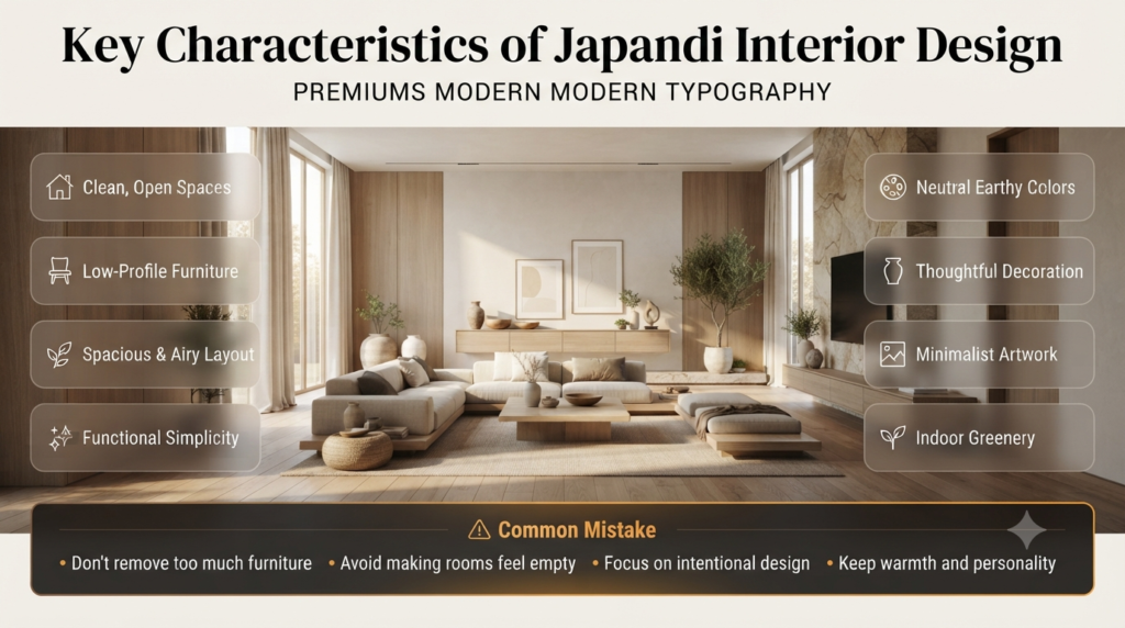 Infographic showcasing the key characteristics of Japandi Interior Design, including neutral colors, low-profile furniture, open spaces, and minimalist décor.
