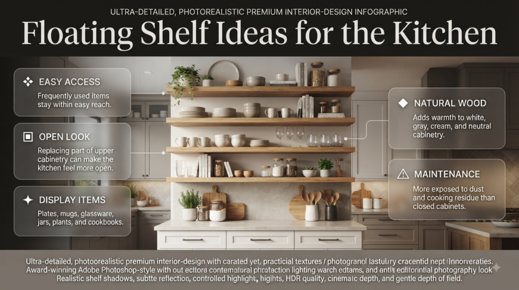 Open kitchen shelving with plates, mugs, jars, plants, and wooden utensils against warm neutral cabinetry.