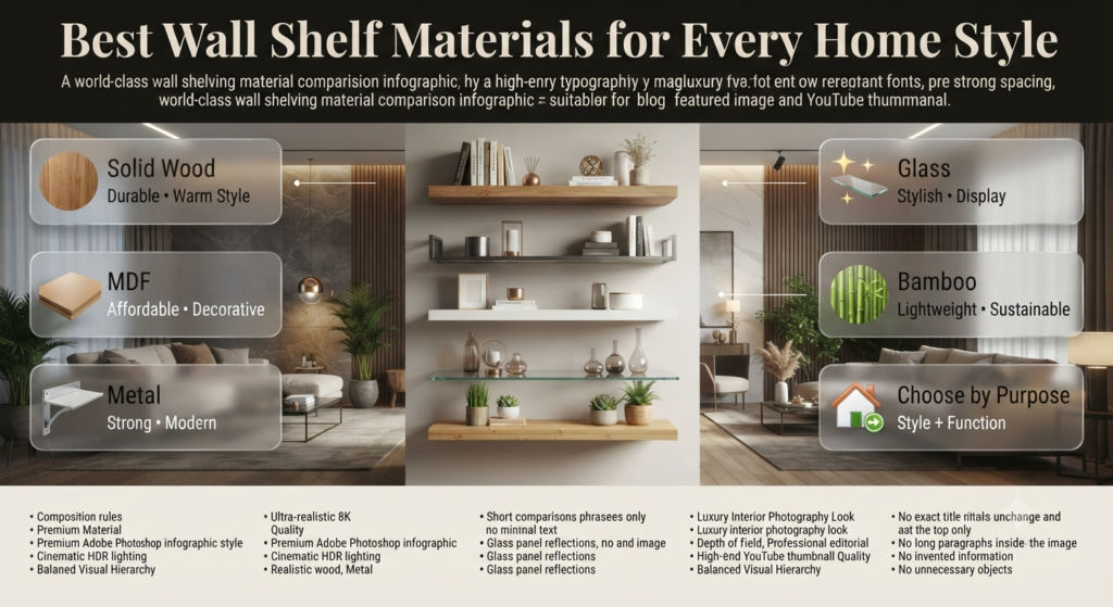 Compare wall shelf materials including solid wood, MDF, metal, glass, and bamboo for durability, style, storage, and home design needs.