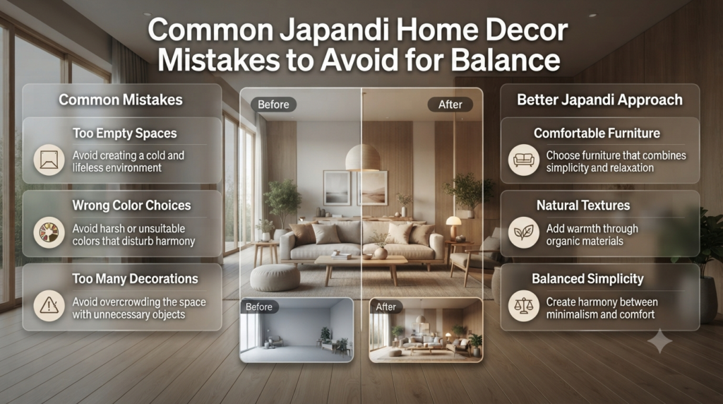 Common Japandi Home Decor mistakes including empty spaces, wrong colors, excess decoration, uncomfortable furniture, and missing textures