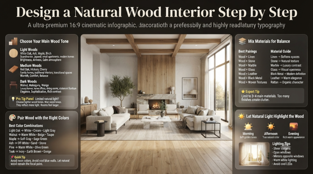 Premium infographic explaining how to design a natural wood interior with wood tones, color combinations, material pairings, and natural lighting tips.