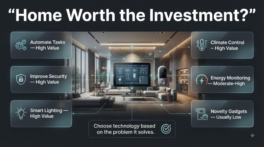 Smart home investment infographic showing automation, security, lighting, climate control, and energy management value.