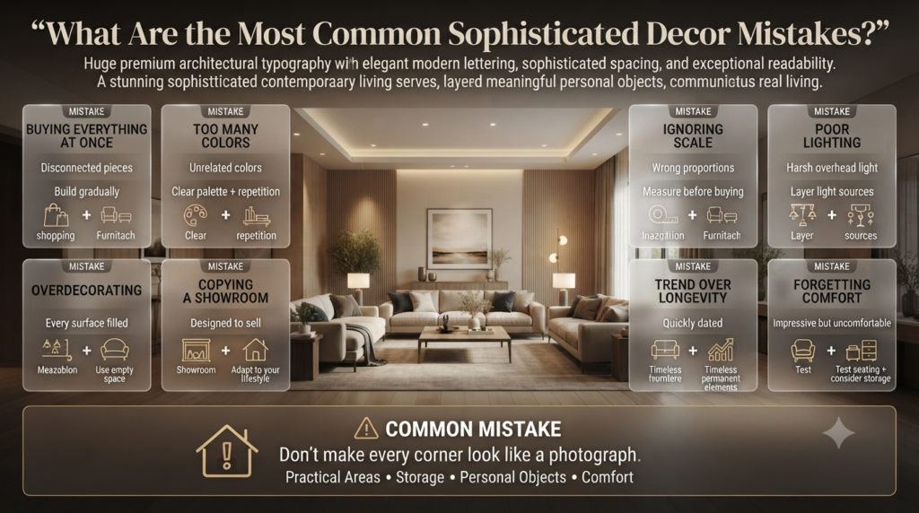 Sophisticated decor mistakes infographic covering clutter, color, scale, lighting, trends, showroom styling, and comfort.