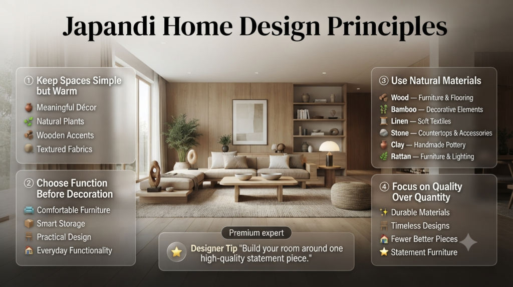 Infographic showing Japandi Home Design principles with simple warm spaces, functional furniture, natural materials, and quality timeless décor choices.
