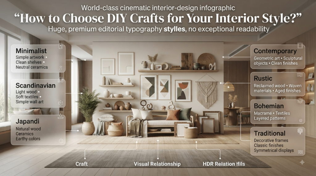 DIY crafts matched to minimalist, Scandinavian, Japandi, contemporary, rustic, bohemian, and traditional interior styles.