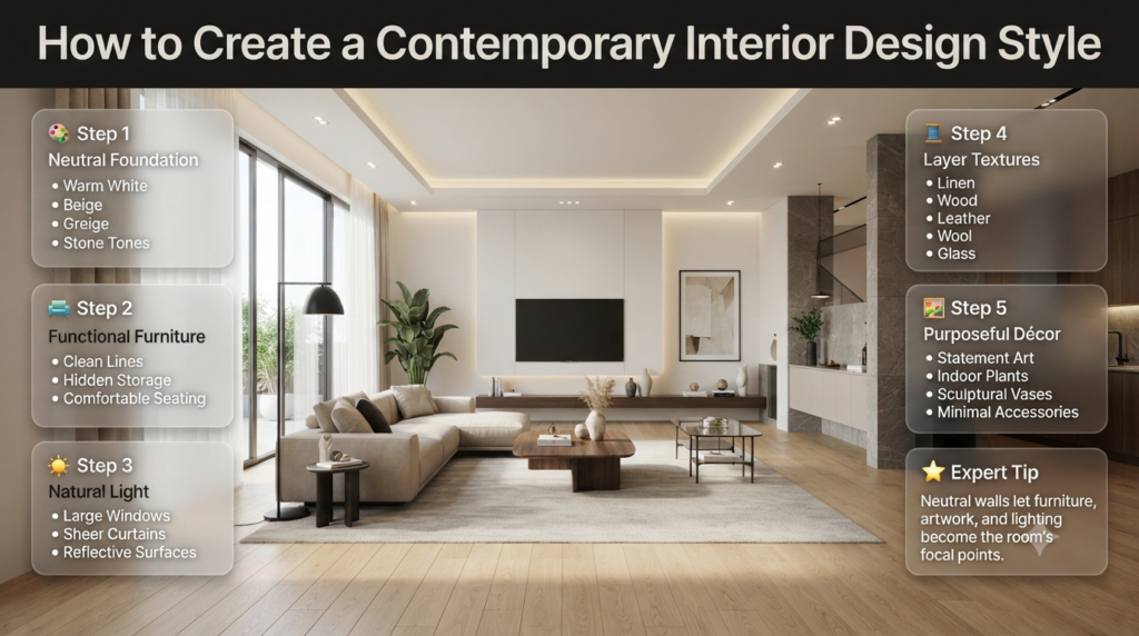 Step-by-step infographic showing how to create a contemporary interior design style using neutral colors, functional furniture, natural light, layered textures, and minimalist décor.