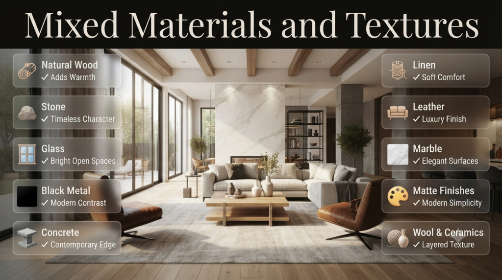 Contemporary interior featuring natural wood, marble, glass, black metal, linen, leather, and layered textures that create a warm, elegant modern living space.