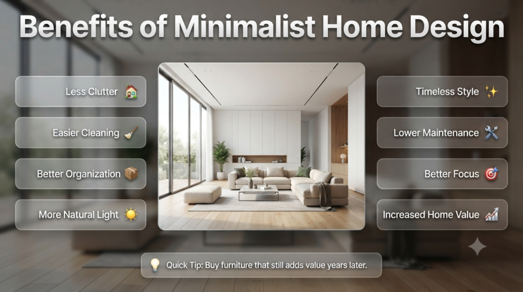 Modern minimalist home interior highlighting clutter-free spaces, natural light, organized storage, timeless furniture, and practical design benefits for everyday living.
